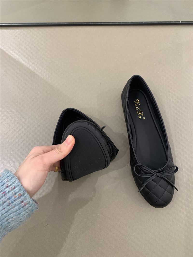 Flache Unterseite Schwarze Ballettschuhe Neues Temperament Eleganter runder Kopf Flacher Mund Weiche Sohle_voghion.com