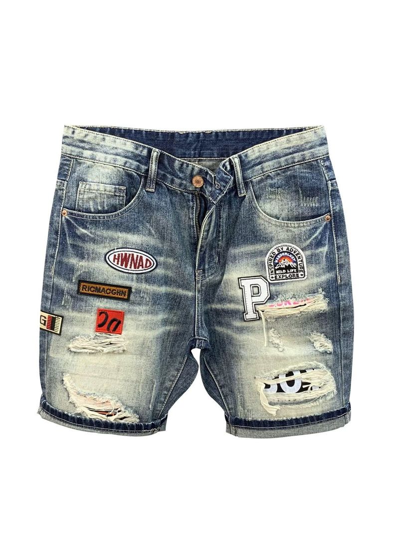 Summer New Ripped Denim Shorts Men's Trendy Brand Patch Print Mid Length Pants Trendy All Match Beggar Shorts_voghion.com
