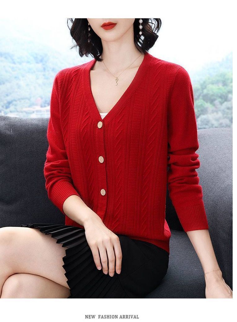 【 Cashmere Family】 Giacca cardigan in lana con scollo a V per donne di mezza età, madri in maglia sottile e maglione corto per capospalla_voghion.com