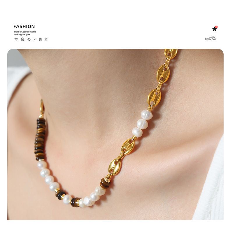 Set di gioielli da donna - Collana e bracciale con perline in acciaio al titanio e perle d'acqua dolce con pietra occhio di tigre, accessori minimalisti in stile boho chic_voghion.com