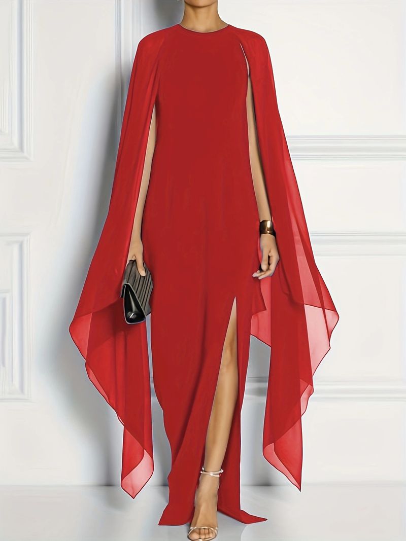 Elegant Plus Size Long Evening Dress With Slit & Batwing Sleeves - Stretchy Polyester Formal Gown For Women (Red, Blue, Black, 1XL-4XL)_voghion.com