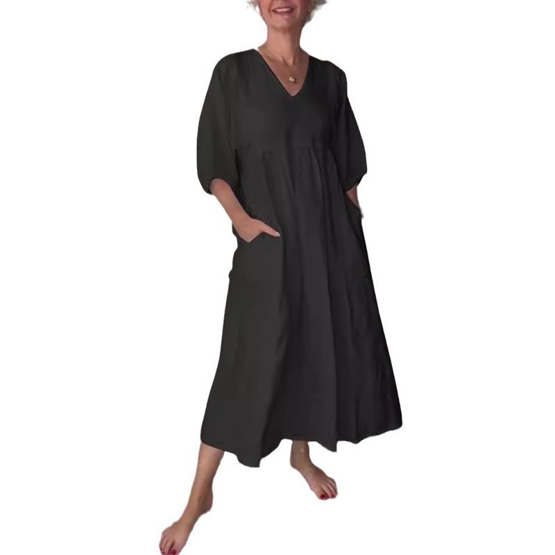 Lässiges Damen-Herbstkleid mit V-Ausschnitt, knitterigem Baumwoll-Leinen und Taschen und A-Linien-Silhouette – bequeme Langarm-Tunika für den Alltag_voghion.com