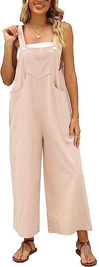Women's clothing Sleeveless Cotton and Linen Overalls Adjustable Straps Wide Leg Jumpsuit with Pockets_voghion.com