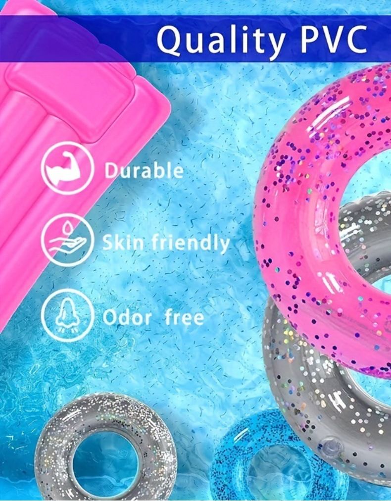 Glittrig transparent badring förtjockad PVC uppblåsbar poolmadrass för vuxna och barn, mousserande vatten, flytande ring med skimrande effekt_voghion.com