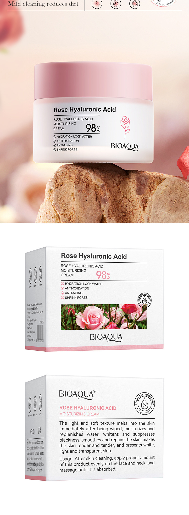 BIOAOUA Rose Creme de Ácido Hialurônico Creme facial hidratante, iluminador, hidratante e reafirmante_voghion.com
