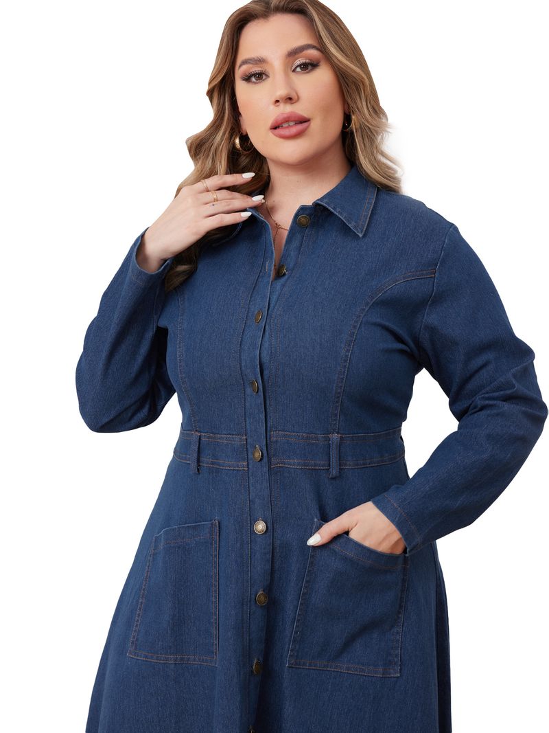 Damenbekleidung Große Größen Damenbekleidung Denim Revers Langärmliges offenes Brustkleid_voghion.com