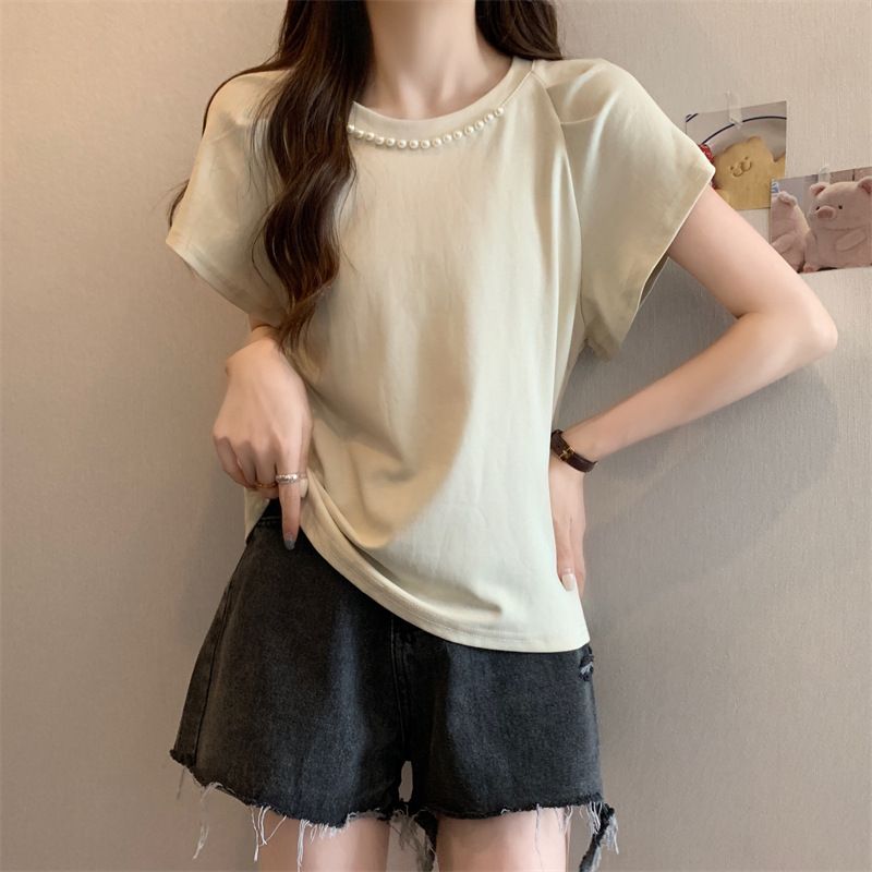 Damenbekleidung Fat Mm Sommerdesign Nischen-Oberteil mit Perlenbesatz und Blasenärmeln Vielseitiges, schmales, kurzärmliges T-Shirt_voghion.com