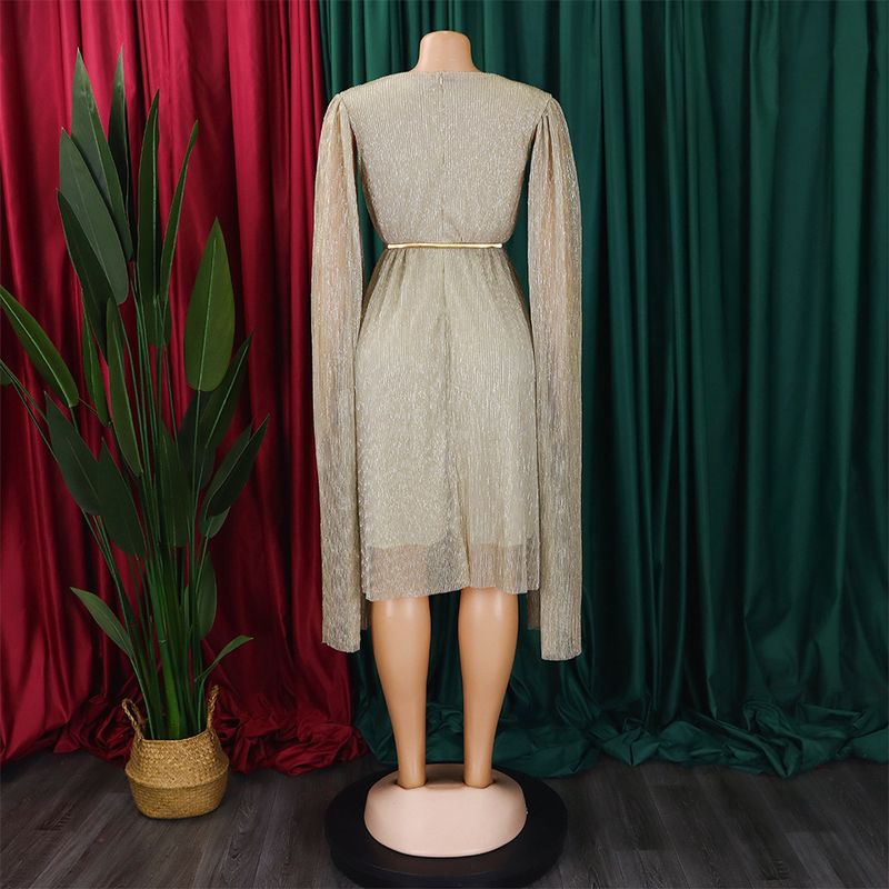 Damenbekleidung Neue V-Ausschnitt Temperament Langarm Cape Taille Kleid Rock_voghion.com