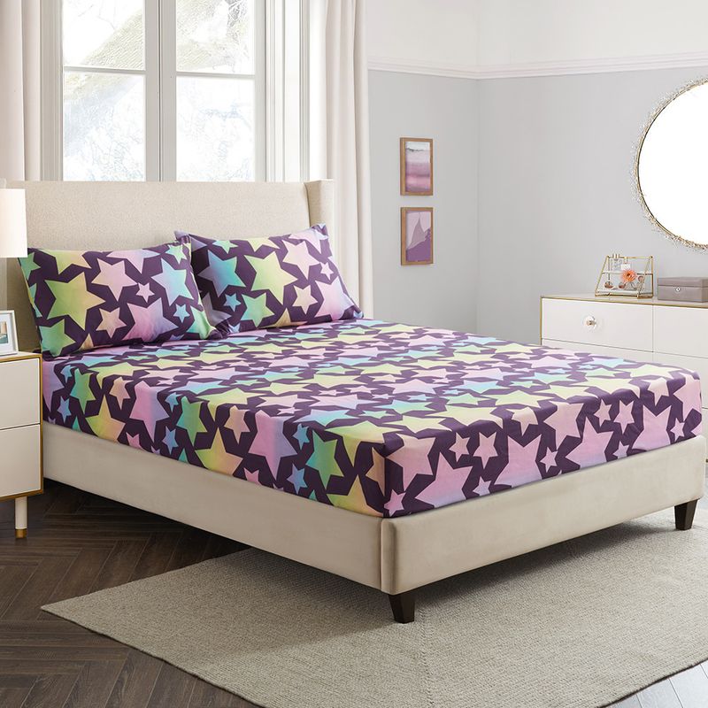 3D-Bettwäscheset mit Regenbogen-Stern-Print – Kawaii-Spannbettlaken aus Polyester, süßer Cartoon-Bettbezug, weicher Bettbezug, Twin/Queen/King-Size erhältlich_voghion.com