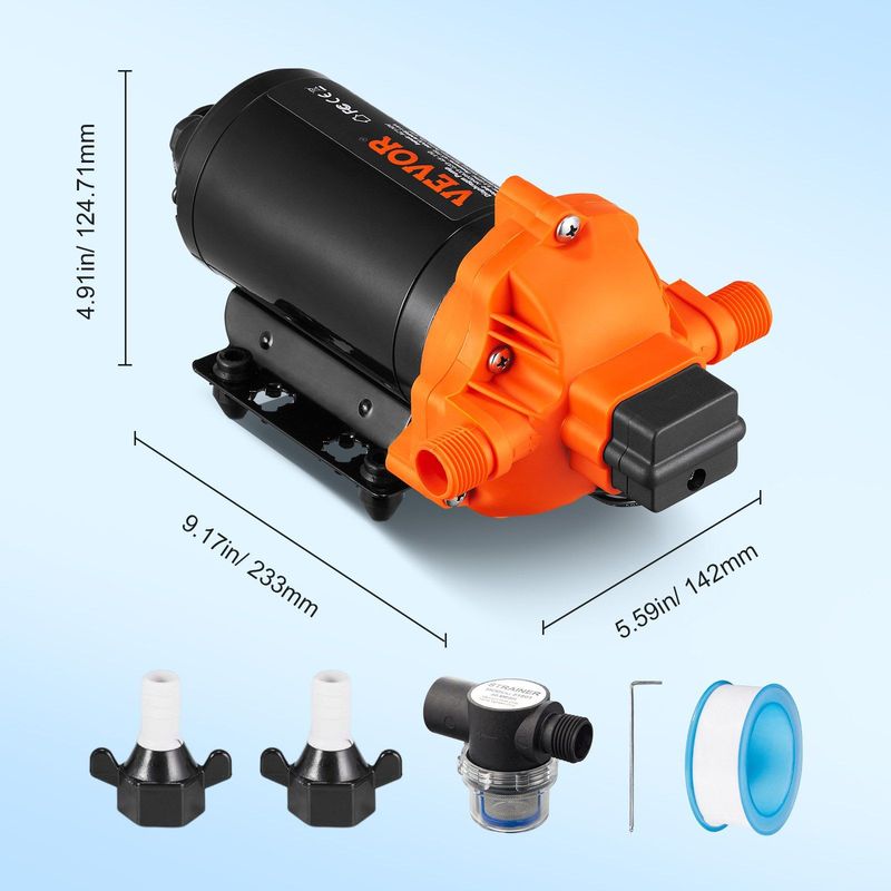 VEVOR Water Diaphragm Pump, 110V AC, 3.3 GPM Flow, 45 PSI Rated Pressure (40-80 PSI Adjustable), 1/2" MNPT Self Priming Sprayer Pump With Pressure Switch For RV Camper Marine Boat Lawn, FCC Certified_voghion.com