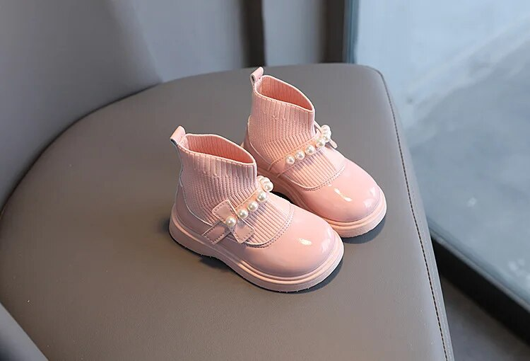 Girls Princess Autumn Winter Children Thin Cashmere Lined Sock Toddler Fashion Beading Leather Boots Non-slip Shoes_voghion.com