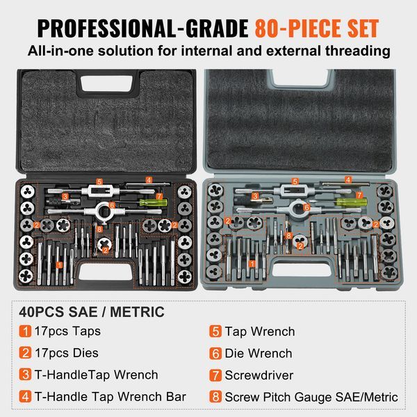 Tap And Die Set, 80-Piece Metric And SAE Standard, Bearing Steel Taps And Dies, Essential Threading Tool For Cutting External Internal Threads, Wit_voghion.com