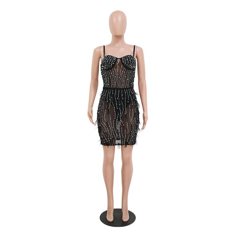 Abbigliamento da donna Abito con piume di diamanti caldi con reggicalze senza maniche per donna_voghion.com