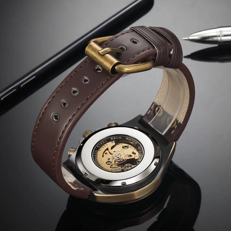 Bronze Retro Skeleton Automatic Mechanical Watch For Men Luminous Hand Brown Genuine Leather Belt Luxury Brand Steampunk Watches_voghion.com
