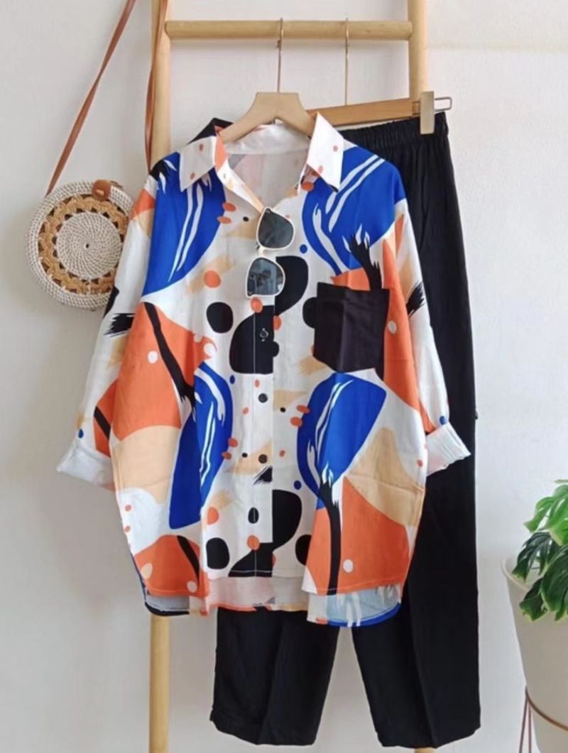 Blusen- und Hosenset mit Blumenmuster in Übergröße – Stilvolles, locker sitzendes Tunika-Oberteil mit langen Ärmeln (Einheitsgröße, Blumenmuster/Ananas/Himmelblau/Gelb/Braun/Marineblau/Rot)_voghion.com