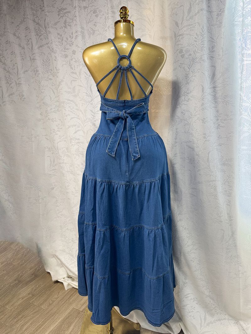 Damenbekleidung Damen Sommer Neue Sexy Mode V-Ausschnitt Hosenträger Rückengurt Jeanskleid Kuchen Langer Rock_voghion.com