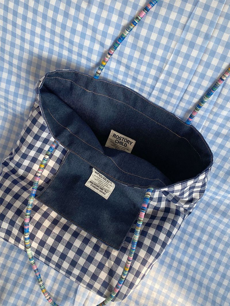 Sac fourre-tout polyvalent en toile denim à carreaux double face de style américain, sac à main réversible à blocs de couleurs_voghion.com