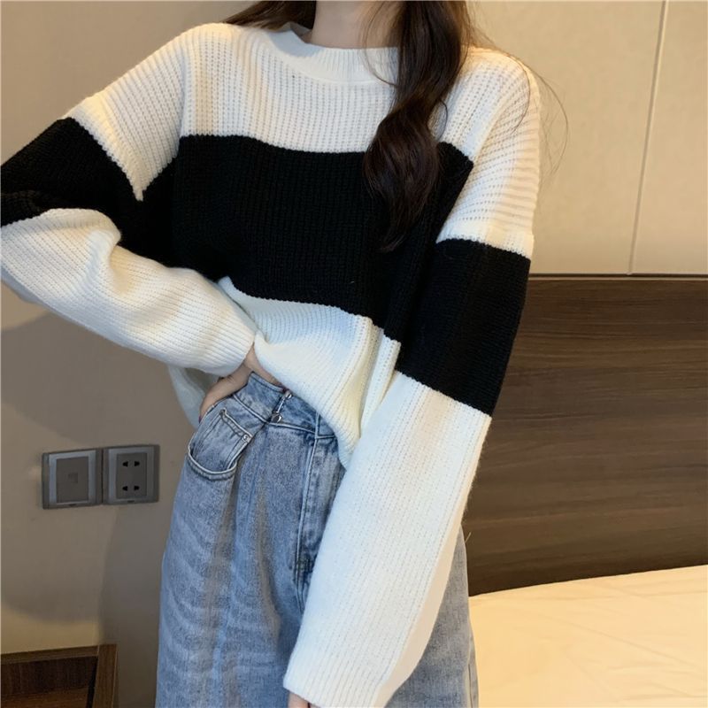 Pull à manches longues style paresseux, ample et amincissant, polyvalent, haut court en tricot à blocs de couleurs, tenue printemps-automne_voghion.com