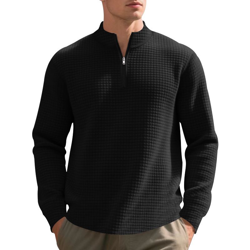 Men's Casual Pullover Sweatshirt With Jacquard Design, Stand Collar & Half-Zip, Loose Fit, Autumn/Winter Essential_voghion.com