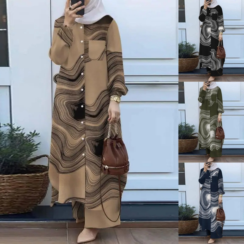 Traje de bata estampado a la moda para mujer, camisa y pantalones de manga larga con botones, traje de dos piezas_voghion.com