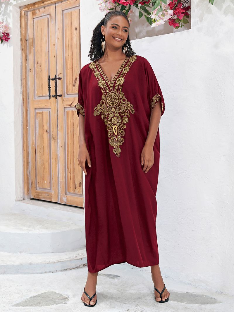 Maxikleid aus Baumwolle mit Stickerei, Strand-Überwurf-Tunika mit Blumenmuster – leicht und fließend für Damen_voghion.com