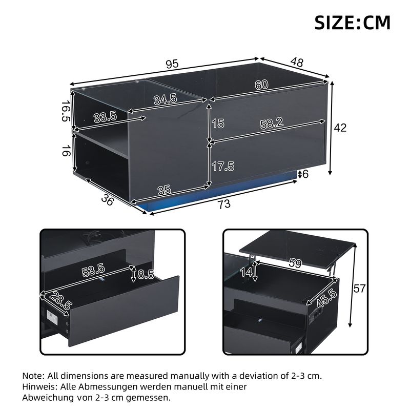 Table basse réglable en hauteur 95 x 48 x 42 cm avec rangement dissimulé, éclairage LED, tiroir et prise de courant - Table d'appoint de salon noire_voghion.com
