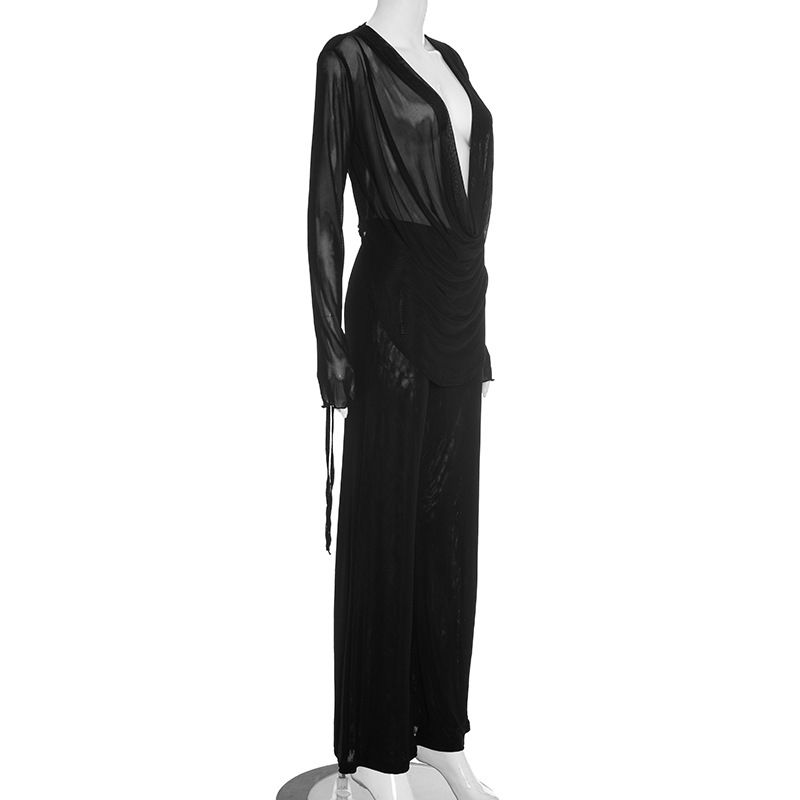 Completo sexy con camicetta e pantaloni svasati con scollo a V profondo, maniche in pizzo e pantaloni a gamba larga con lacci (blu, nero)_voghion.com