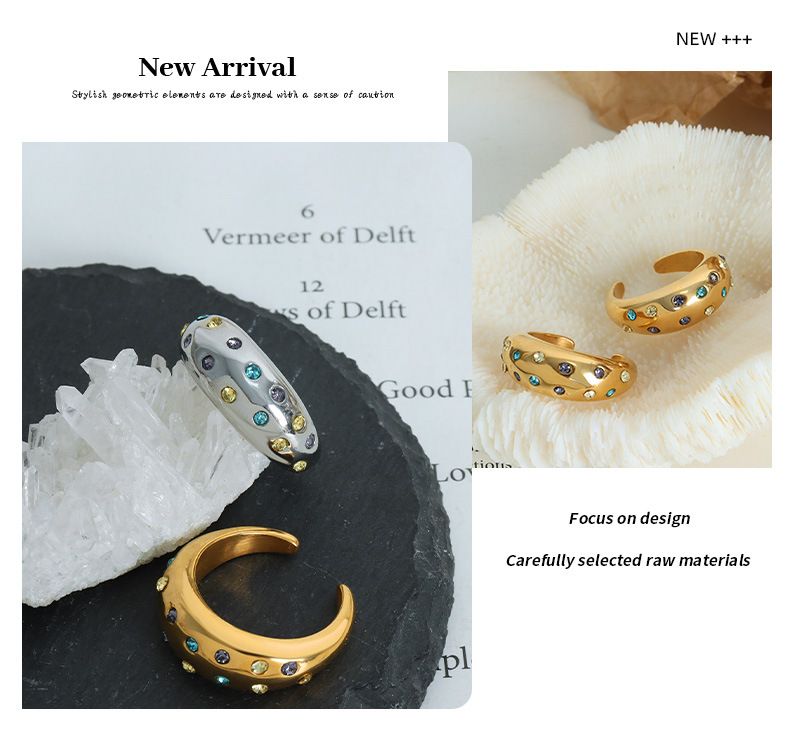 Retro Inlaid Ring Colored Diamond Opening Personality Temperament Ring Titanium Steel Ring Jewelry Women_voghion.com