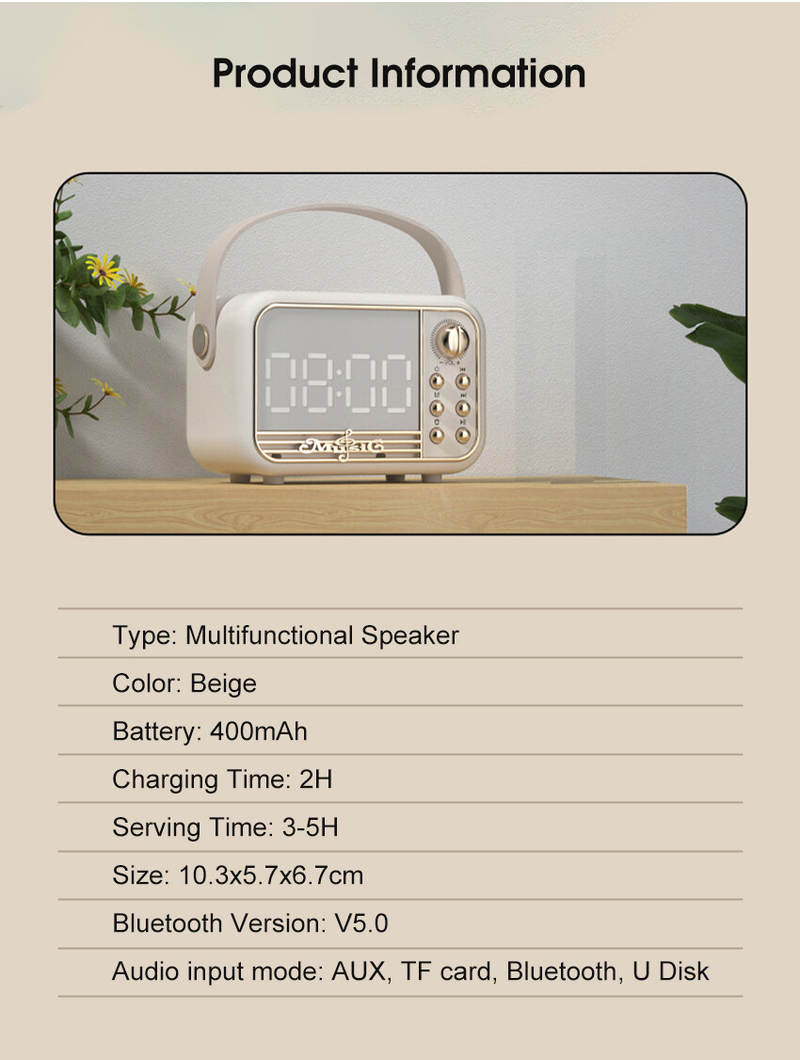 2024 Mini Retro Bluetooth Speaker Wireless Bluetooth Music Player Mirror Screen Digital Alarm Clock Multifunction LED Mirror Bluetooth Speaker TF Car_voghion.com