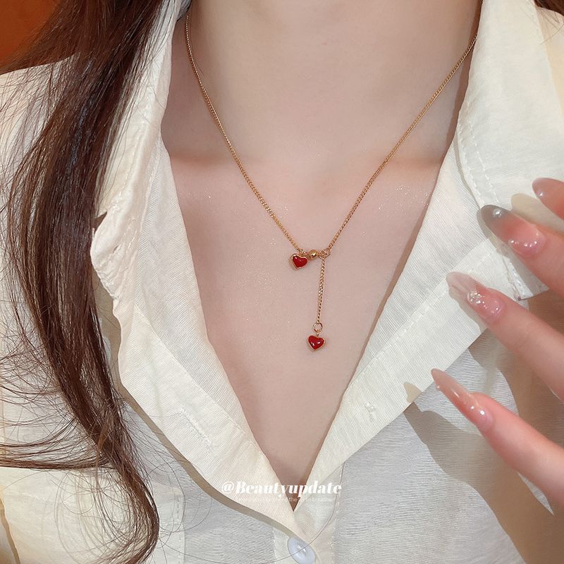 Titanium Steel Oil Drop Heart Pendant For Women New Chinese Style Versatile Collarbone Chain Light Luxury High-end Sense_voghion.com