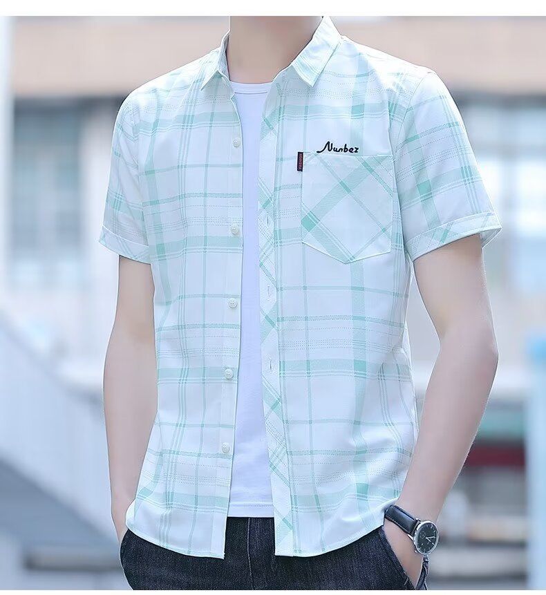 Camicia a quadri a maniche corte da uomo alla moda - Camicia casual estiva slim fit con bottoni e colletto alla francese per ragazzi_voghion.com