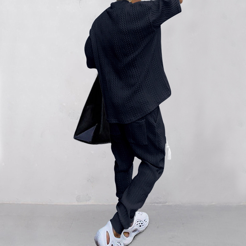 2023 Nuovo set da uomo casual e ampio con camicia e pantaloni lunghi in maglia jacquard a maniche a sette quarti_voghion.com