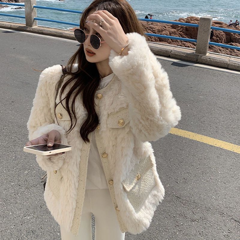 Cappotto da donna invernale, nuovo stile, in pelliccia di coniglio Coco, spesso, con scollo rotondo, in cotone per celebrità su Internet_voghion.com