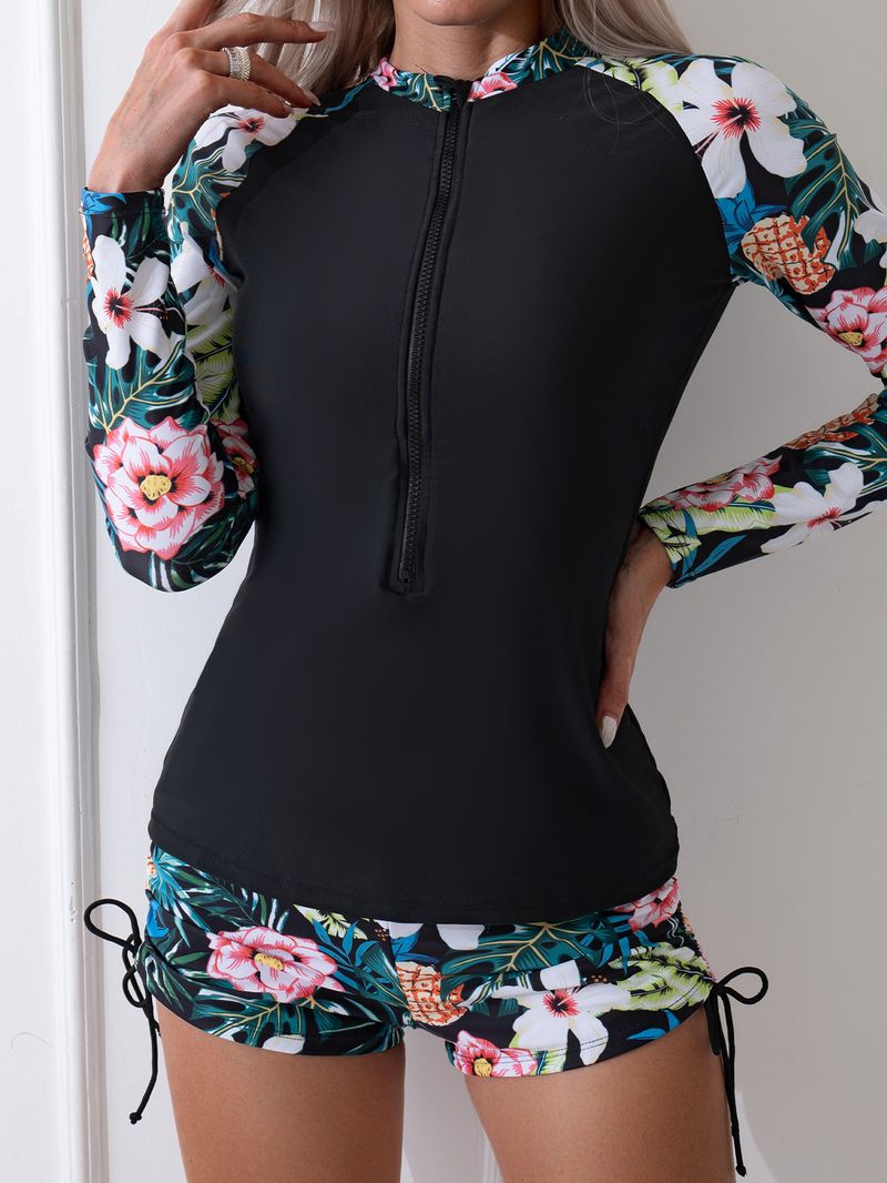 Costume da bagno da donna con cerniera sul petto, due pezzi, casual, incrociato, a maniche lunghe, conservatore, diviso_voghion.com
