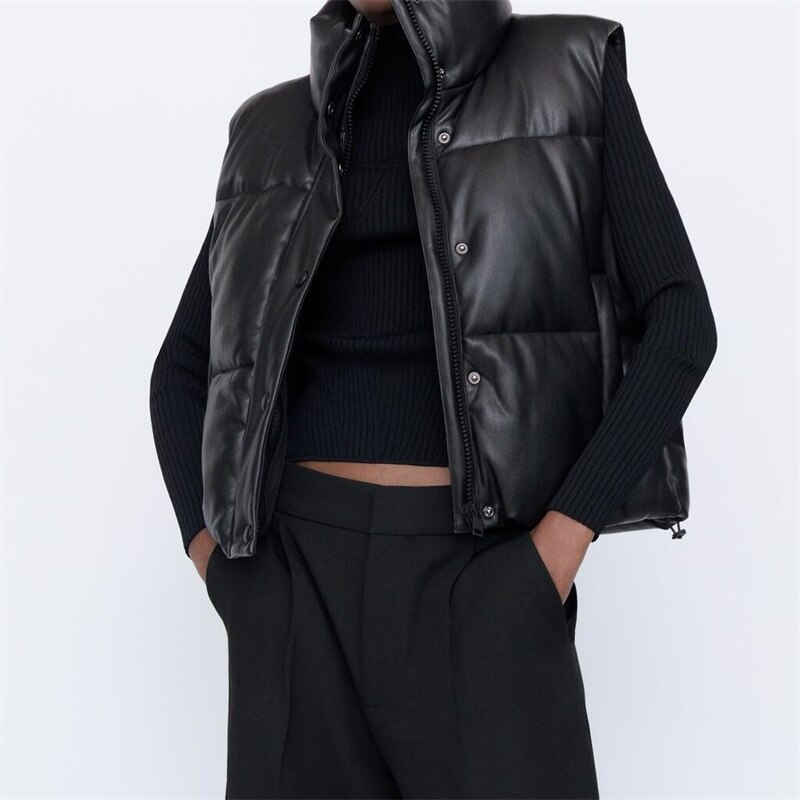 Amerikanischen Retro Frauen Schwarz Pu Puffy Weste Winter Dicke Parkas Jacke Mode Mäntel Faux Leder Unten Weste Lose Weste_voghion.com