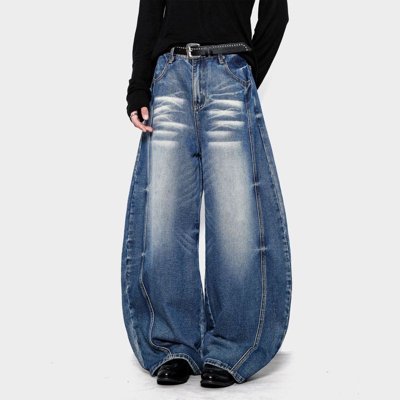Vaqueros de corte bota lavados vintage unisex: pantalones vaqueros holgados de cintura alta con corte limpio, bigotes de gato y detalles desgastados._voghion.com
