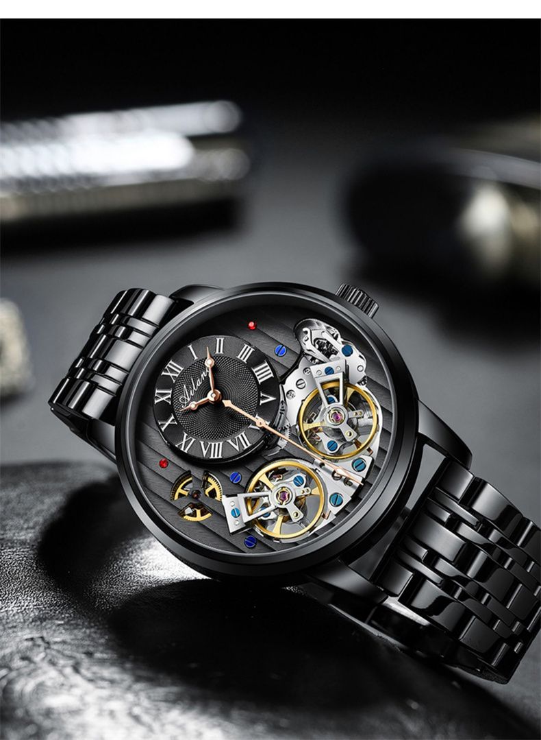 AILANG Mechanical Watch Men 30M Waterproof Automatic Watches Stainless Steel Skeleton Dial Luxury Double Tourbillon Watch Men_voghion.com