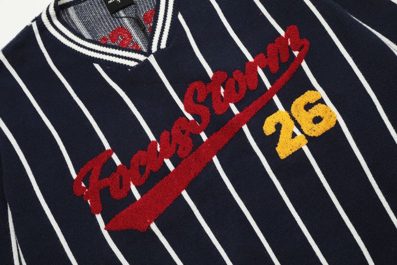American Trendy Brand Flocking Embroidery Contrast Color Vertical Stripes V-Neck Men's Loose Lazy Sports Style Knitted_voghion.com