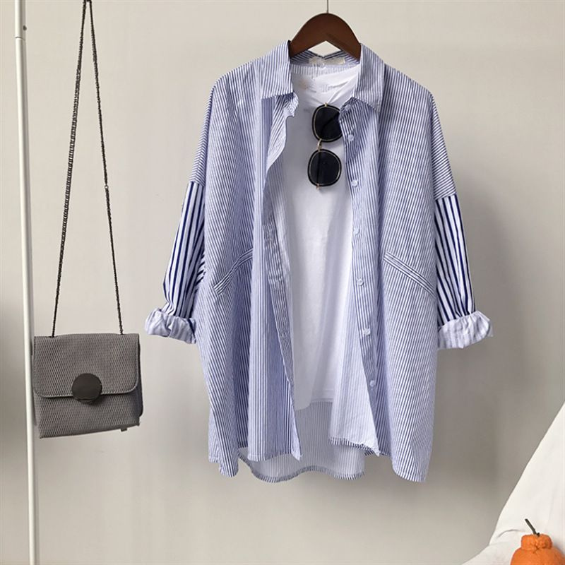 Women's Clothing Autumn striped shirt women's mid length long sleeved large size student versatile loose boyfriend style jacket village clothes_voghion.com