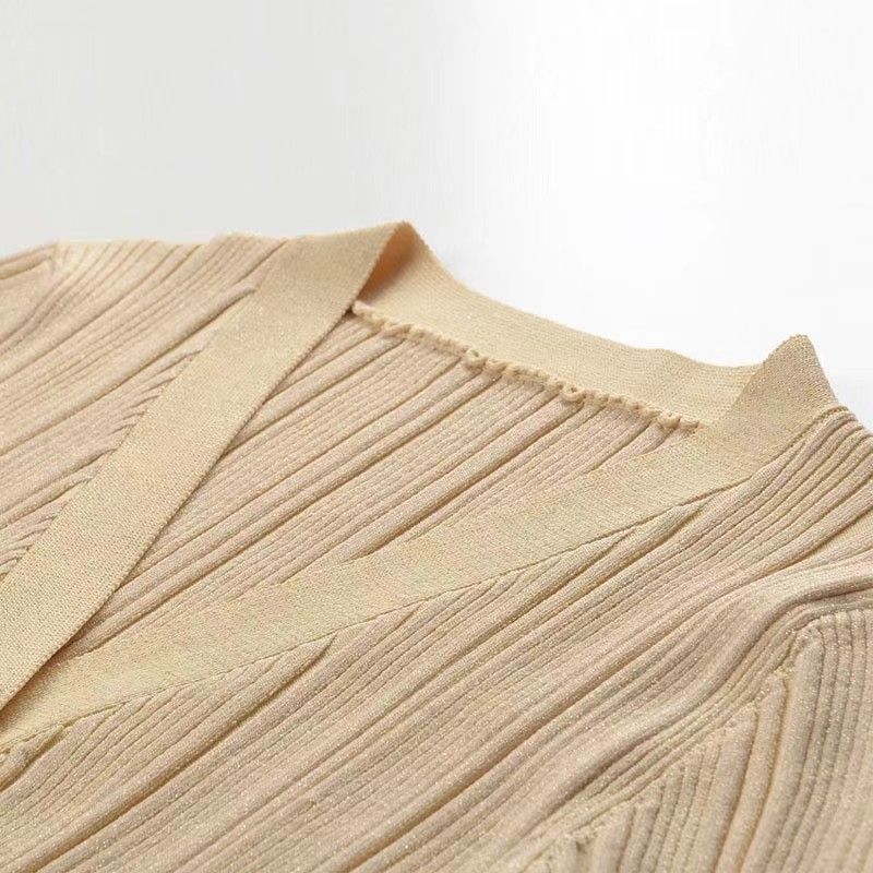 Gonna lunga in vita da donna Gonna monopetto con bottoni dorati e scollo a V in oro 2024 Gonna a maglia sottile nuova da donna autunno e inverno_voghion.com