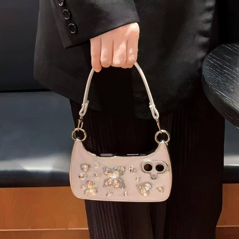 Luxus Glitter Diamant Schmetterling Herz Handtasche Lederband Handgelenk Telefon Fall Abdeckung für iPhone 11 12 13 14 15 16 Pro Plus Max_voghion.com