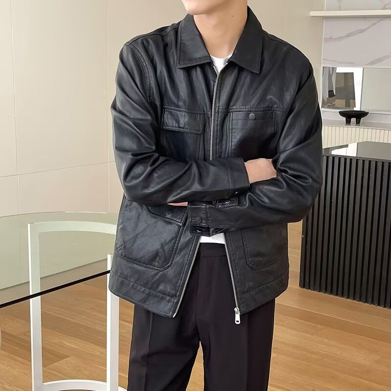 Herrenbekleidung Herbst und Winter Neue Revers Lederjacke Herren Lederjacke Jugendtrend Hübsche Motorradbekleidung Lässige leichte reife Oberteile Männer_voghion.com