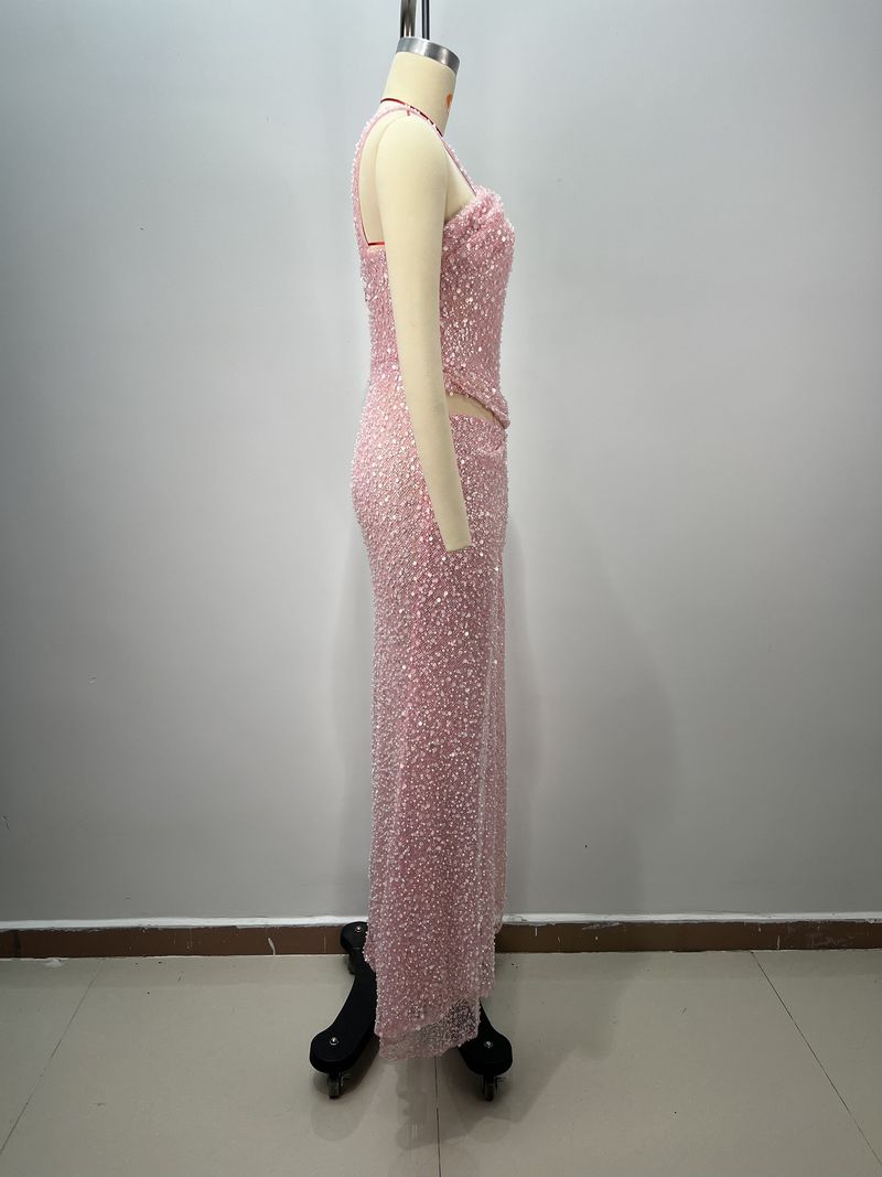 Robe sirène élégante à sequins et épaules dénudées pour femme – Robe de soirée moulante extensible avec décolleté perlé pour fêtes, rendez-vous et occasions spéciales_voghion.com