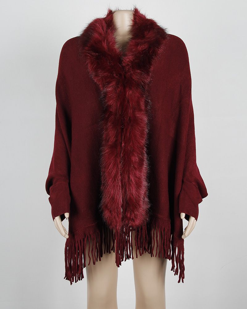 Maglione cardigan tinta unita in stile europeo e americano, autunno e inverno, con nappa e collo in pelliccia_voghion.com