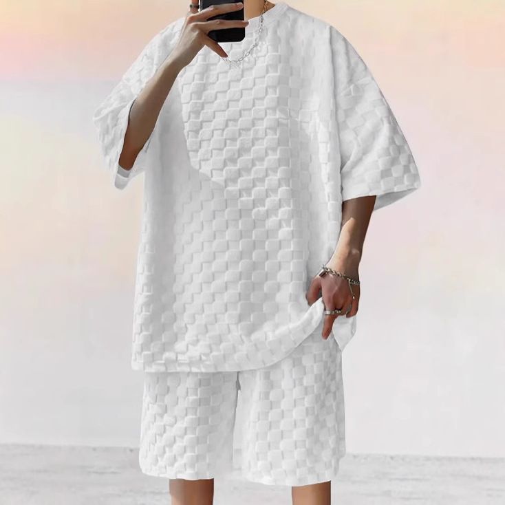 2025 Trendy Men's Checkerboard Spring/Summer Loose Sports And Leisure Two Piece Set For Men_voghion.com