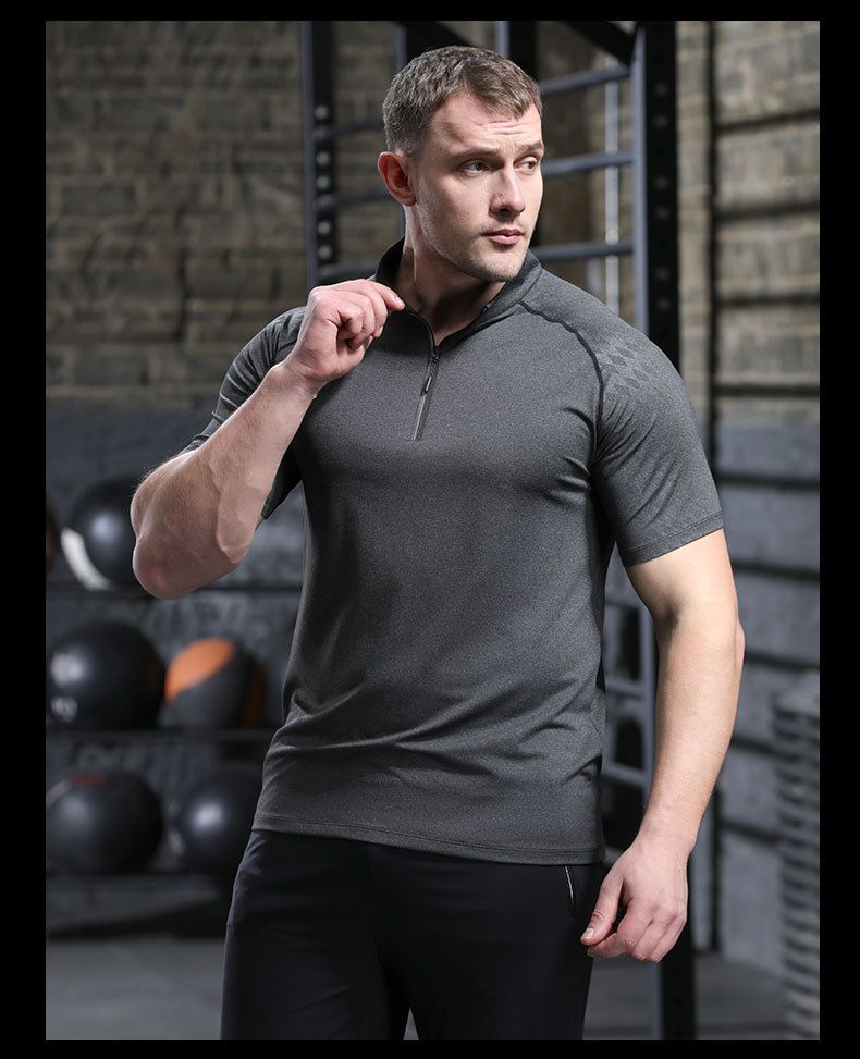 T-shirt de fitness d'été pour homme, demi-fermeture éclair, col montant, séchage rapide, haute élasticité, respirant, moulant_voghion.com