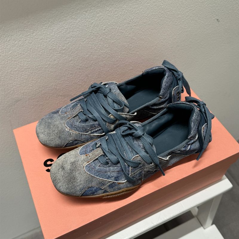 Cowhide Version Denim Ballet Lace Up Wrinkled German Training Women's Flat Single Shoes_voghion.com