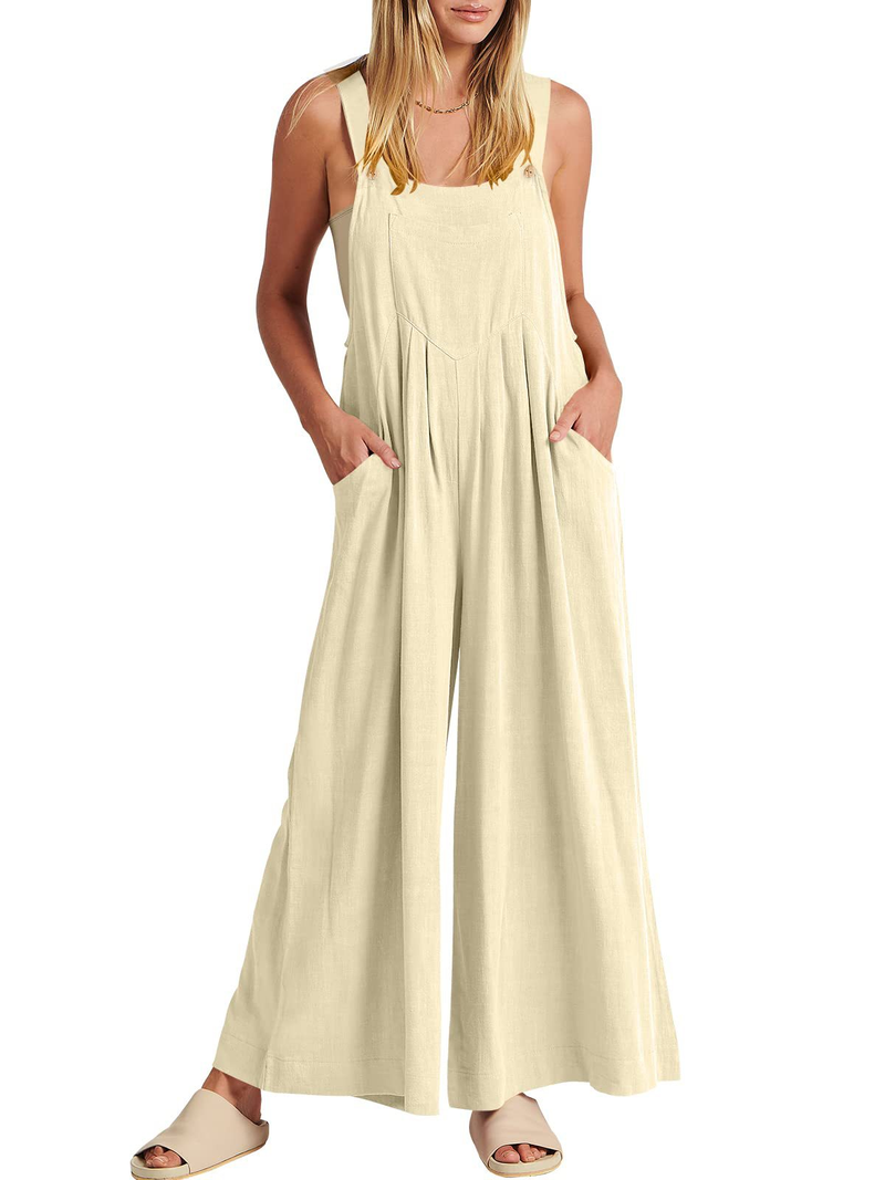 Women's clothing solid color loose casual cotton and linen overalls jumpsuit_voghion.com