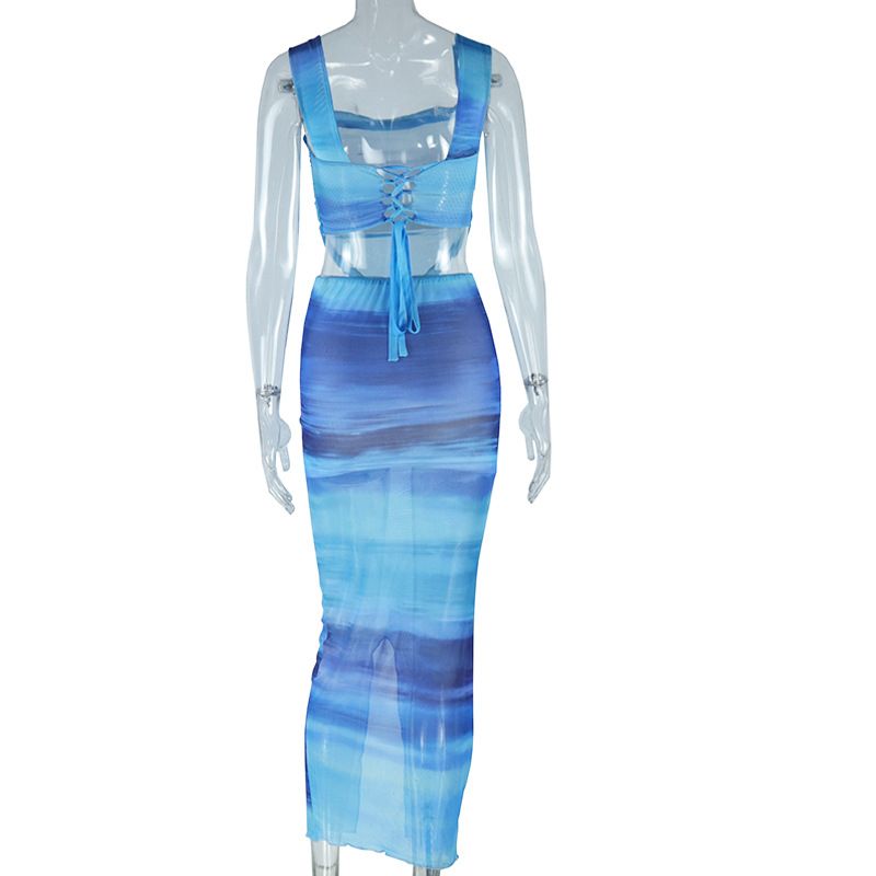 Ensemble 2 pièces pour femme, haut court et jupe longue fendue sur le côté, imprimé tie-dye, tenue de soirée sexy d'été 2025_voghion.com