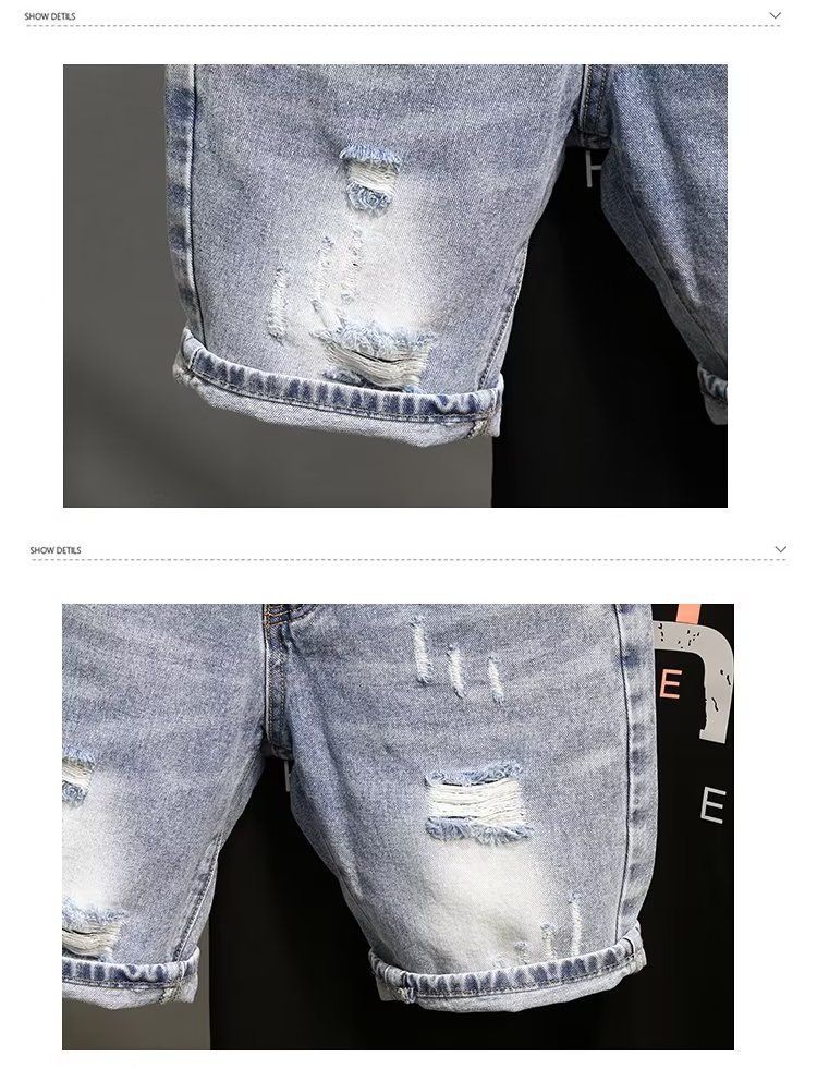 Herrenbekleidung Sommer Hellblaue zerrissene Jeansshorts Herren Trendy Brand Zerrissene Taschen Schlanke gerade Bettlerhose mit fünf Punkten_voghion.com